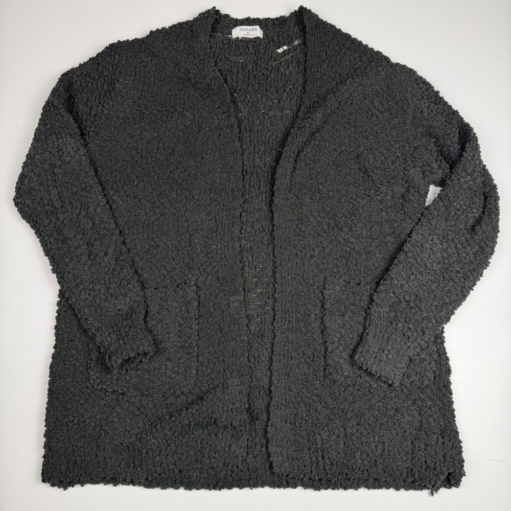 Zenana Womens XL Popcorn Knit Cardigan Charcoal Gray Open Front Pocket Sweater